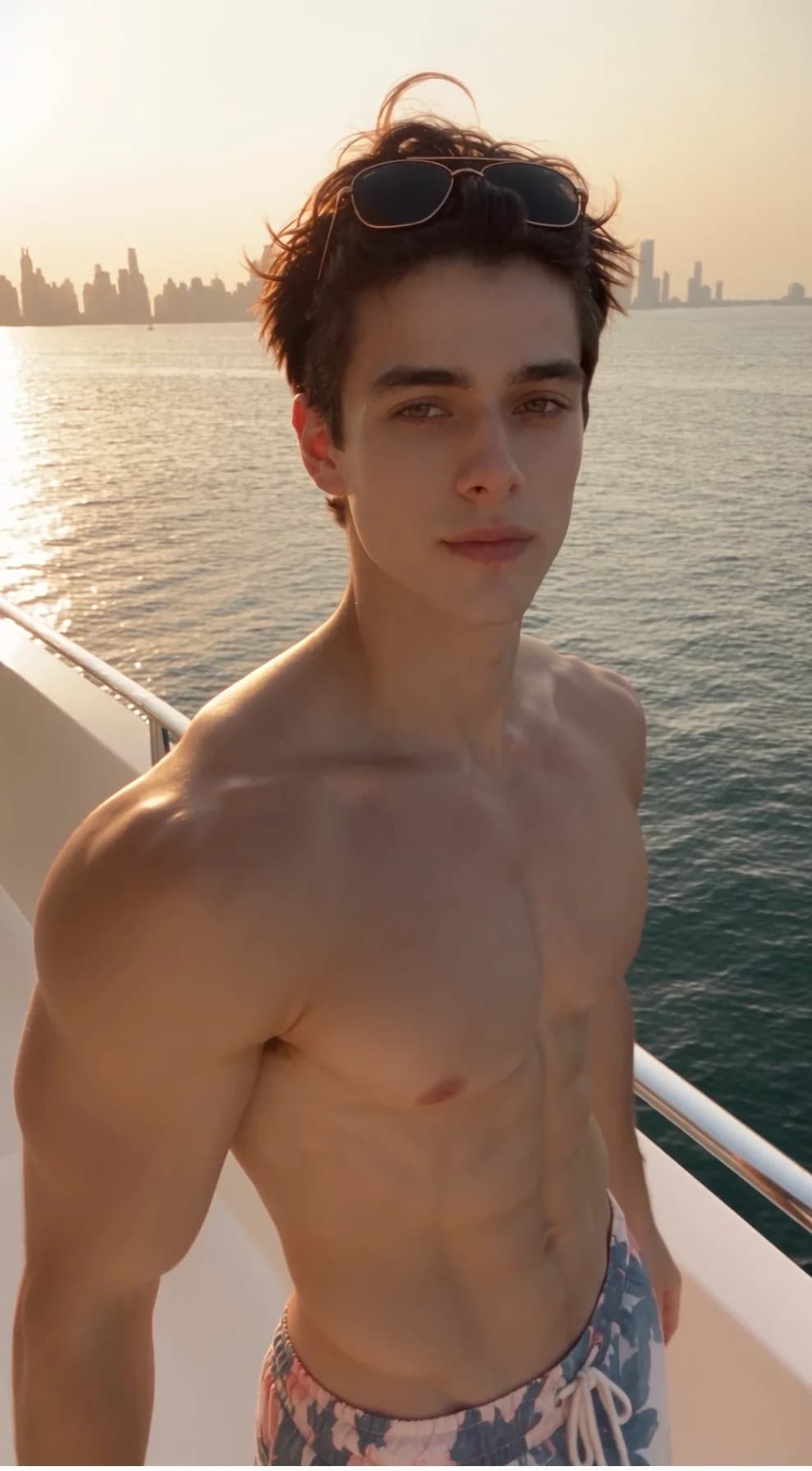 Rick on a boat at sunset with the water behind him